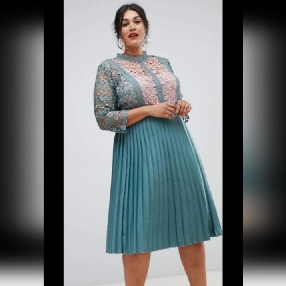ASOS Curve Dress Plus Size 18 Embroidered Lace Soft Pink and Blue Dress A-Line